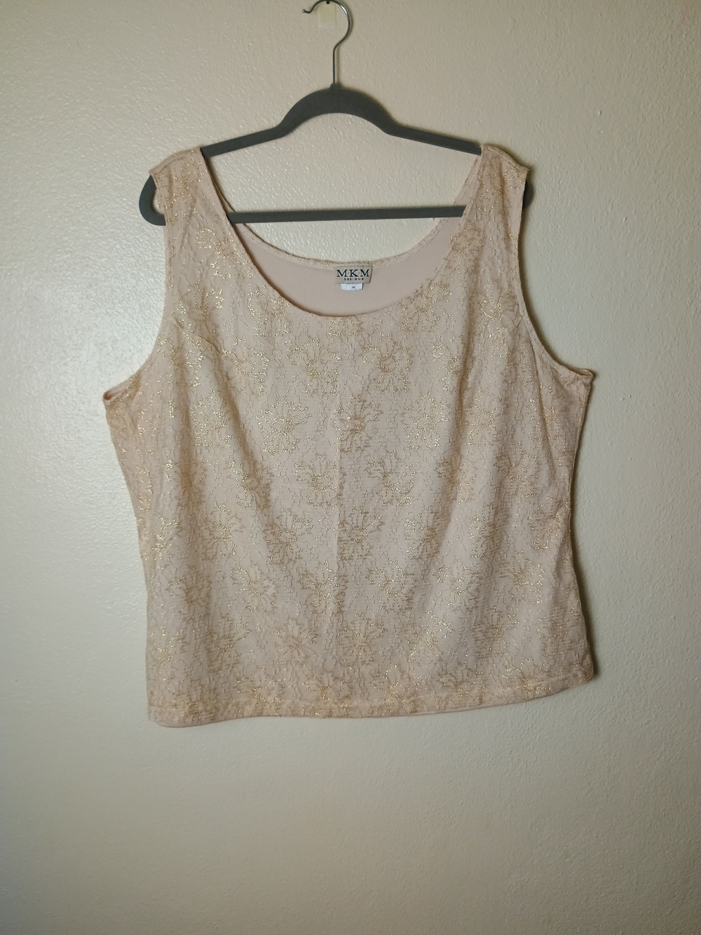 MKM Designs 3X VTG Y2K Sleeveless Floral Lace Tank Top - Cream with Gold Accents